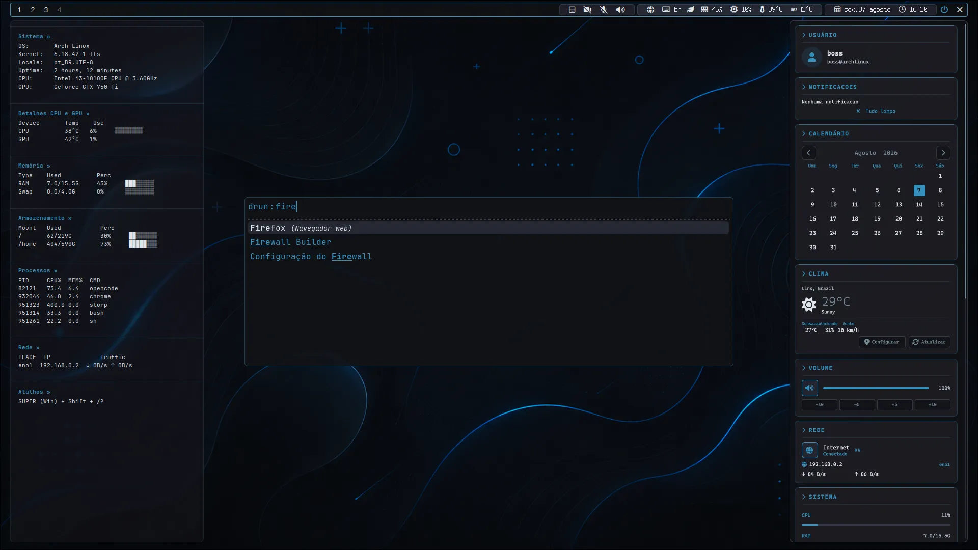 Desktop ARGVUS com o tema Dark Float