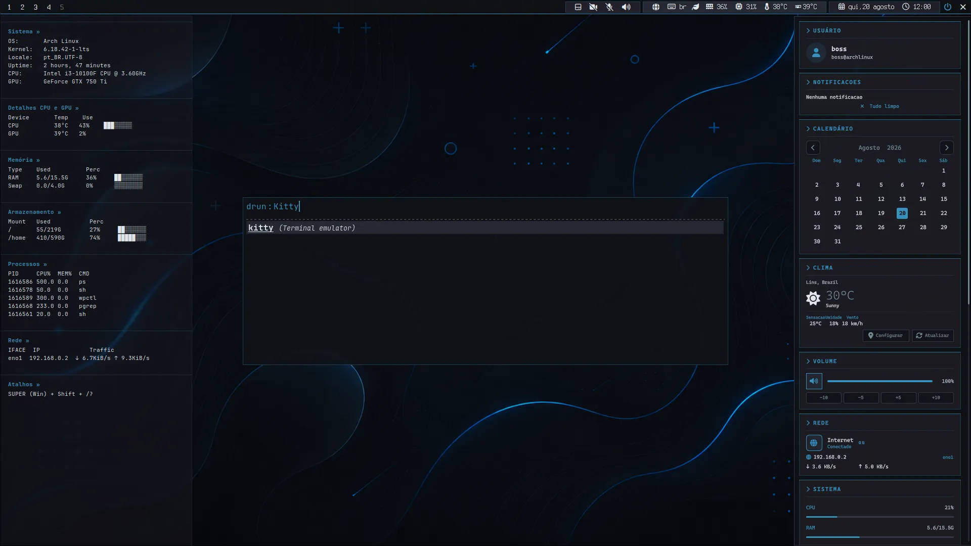 Desktop ARGVUS com o tema Dark